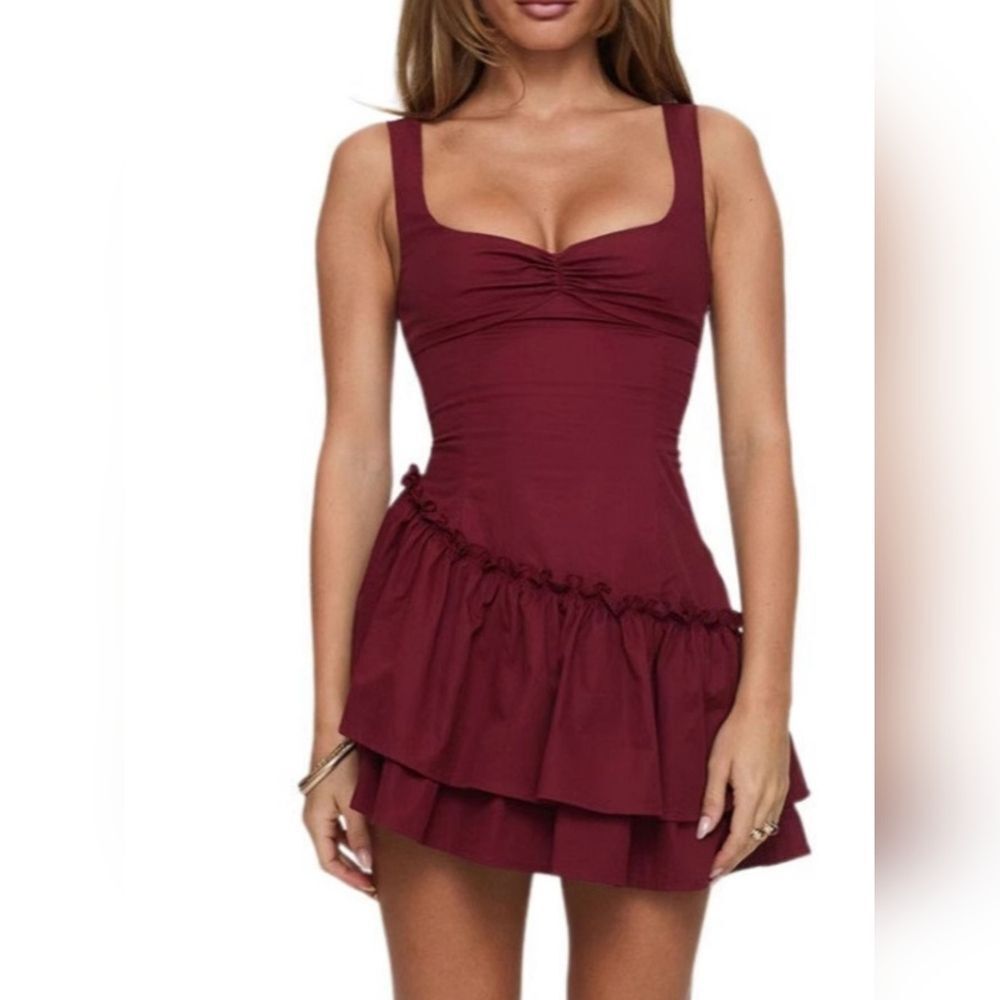 Women’s Burgundy, Black or Polka Dot Ruffle Tiered Mini Dress w Lace-Up Back